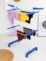 FLIPZON Premium Clothes Stand for Drying with Wheels | Portable | 2 Layer Rack for Balcony | Foldable Wings | 14 Hanger Rods | Alloy Steel & Plastic (White & Blue)