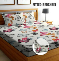 RisingStar Cotton King Fitted (Elastic) 250 TC Printed Bedsheet  (Pack of 1, FITTED WHITE BUTTERFLY)