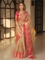 SGF11Cream Kanjivaram Pure Soft Silk Handwork Saree with Unstitched Blouse