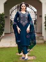 Tikhi ImliTeal Blue Embroidered Kurta and Pants with Dupatta (Set of 3)