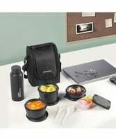 Cello All In One Lunch Box with Fabric Bag, Black | 3 Microwave Safe Inner Steel Container