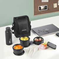 Cello All In One Lunch Box with Fabric Bag, Black | 3 Microwave Safe Inner Steel Container (550ml,375ml,225ml)