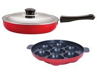 NIRLON Non-Stick Kitchen Cooking Utensil Item Set of 2 Pieces Including Fry Pan-3.2 LTR & Appam-7 Cavity (Color-Red)