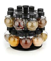 Plastic 360 Revolving Tiered Shelf Spice Container Set Of 16 In 1 Seasoning Organizer Masala Countertop Rack Condiment Set For Kitchen (Transparent, 125Ml Each)