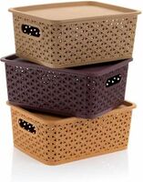 Plastic Multipurpose Solitaire Storage Basket with Lid|Side Handles & Wovan Design Storage Basket (Pack of 3)