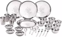 Neelam Stainless Steel 24 Gauge Lazer Etching 28 Pieces Dinner Set, Ideal Gifting Dinner Set, Ideal for Special Occasions Like Anniversary, Wedding, Housewarming Party, Dishwasher Safe, Silver, Solid

