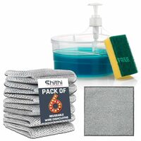 Double Layer 2-in-1 Liquid Soap Dispenser for Kitchen & Multipurpose Non-Scratch Wire Dishwashing Rags for Wet and Dry Dishwash Cloths (Pack of 6)