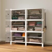 12 Shelf Cloth Rack Wardrobe Almirah Organizer with 6 Hard Plastic Metal Frame Doors with Magnets & 5 Hook Steel Holder, Foldable Cupboard for Bedroom Kids Storage, White Rack, Transparent Door