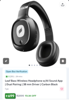 Leaf Bass Wireless Headphone w/AI Sound App | Dual Pairing | 38 mm Driver | Carbon Black