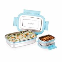 ATTRO Click Eat Junior Stainless Steel Lunch Box with 1 Small Box Airtight Spill Proof BPA Free Ideal for Office, School, Picnic - 650ml+140ml Sky Blue