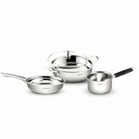 Lifelong Stainless Steel Kadai, Frypan & Saucepan for Cooking | 22 cm Kadai & Fry Pan 22 cm with Glass Lid | 14 cm Sauce Pan | Sandwich Bottom | Induction & Gas Stove Compatible (Silver, LLSSKFS01)