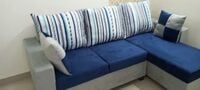 CASASTYLE Adonia 4 Seater LHS L Shape Fabric Sofa Set with 2 Puffy (Blue-Grey)