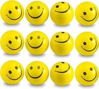 GRAPHENE 12 Pcs Soft Squeeze Squishy Smiley Foam Sponge Ball Stress Relief Yellow Emoji Happy Smiley Face Printed Standard Size Toy Hand Exercise Balls Set for Kids Adults Light Weight Non Toxic Toy