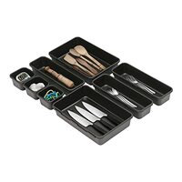 SIMPARTE Plastic Interlocking Cutlery Drawer Desk Organizer Divider Tray Storage Drawers Storage Organizers For Kitchen Organiser, Bathroom, Office, Makeup, Bedroom - 8 Pieces, Black