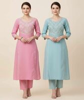 ANOOSHA ENTERPRISES Women Embroidered Kurta (Blue, Pink)