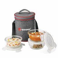 BERGNER Fresh Lunch Premium 3 Pcs Lunch Box Set - Microwave Safe and Leak Proof 3 Glass Containers (400ml Each) with BPA Free Lids, Fabric Bag with Shoulder Strap, Dishwasher Safe - Transparent/Grey