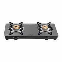 Bajaj UCX 2 Open Burner Slim Glass Top Gas Stove | Slim Frame Glass Cooktop | 2-Brass Open Burners | 360 Degree Swivel Nozzle | Stainless Steel Drip Tray ?Black?