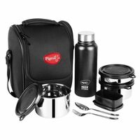 Pigeon by Stovekraft Treat Lunch Box with 700ml bottle,SS spoon & fork,3 Stainless Steel tiffin box with BPA free Leak Proof Lids (250ml, 400ml, 600ml),Plastic pickle box (100ml), Insulated tiffin bag