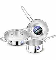 Bergner BE Essentials Triply 4 pcs Set of 22 cm Kadai, 22 cm Fry Pan, 14 cm Saucepan - Induction Bottom Cookware Set (Triply, 4- piece)