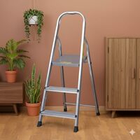 Step Aluminium Ladder, Silver, Non-Slip Steps with Platform, 150 kg Load Capacity (3 Step)