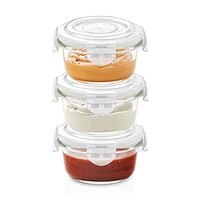 Borosil Klip N Store Glass Storage Containers For Kitchen With Air-Tight Lids, Microwave & Oven Safe, Round, Set of 3 (240 ml each), Clear