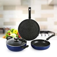 Cello Regal 3 Piece Cookware Set, Induction and Gas Compatible, Metallic Blue | Dosa Tawa, Fry Pan and Kadhai Set | Cookware Set for Kitchen