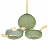 amazon basics Granite Finish Aluminium Non-Stick Cookware Set | Set of 3 | Induction Base | 24cm Fry Pan, 24 cm Kadai, 28cm Tawa| Olive Green