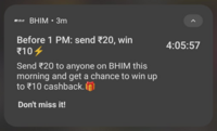 Bhim : Send ₹20 (P2P) , Win Upto ₹10 Cashback (may be user specific) 