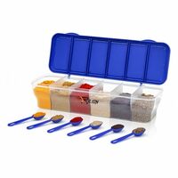 RILION Multipurpose 6-in-1 Masala Box for Kitchen| Airtight BPA-Free Plastic 6 Section Storage Container with 6 Spoons, 1800 ml Transparent