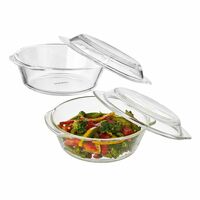 Amazon Brand - Solimo Set of 2 Borosilicate Glass Casserole-Cum-Serving Bowl with Lid | Microwave & Oven Safe| Deep Round | 650 Ml Each| Transparent