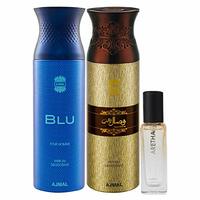 Ajmal Blu Homme & Wisal Dhahab Deo each 200ML & Aretha EDP 20ML Pack of 3 (Total 420ML) for Men & Women