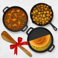 SOLARA Crownstone Premium Pre-Seasoned Cast Iron Cookware Set of 3 with Free Wooden Spatula, Tawa(12" Inch/30 CM) + Frying Pan(10" Inch/25 CM) + Kadhai(10" Inch/25 CM), Kitchen Cookware Combo of 3Pcs