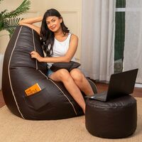 Sattva Faux Leather Piping Bean Bag Combo Set | 6XL Oversized Chair with Footrest & Cushion | Upto 6'9" & 135 KG | Pre-Filled Large Relax Lounger for Adults – Brown with Beige Piping