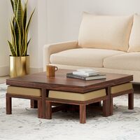 Amazon Brand - Solimo Acamar Solid Sheesham Wood Coffee Table with 4 Stools (Teak Finish)