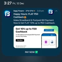 Bajaj Finserv - Flat Rs 10% Upto Rs 50 on broadband or postpaid billpayment ( 3pm - 5pm ) Today