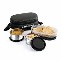 CELLO Double Treat Stainless Steel Lunch Box with Bag, Black | 2 x 300 ml Steel Containers, 1 x Oval Container + Apply 30% coupon
