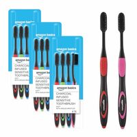 Amazon Basics Charcoal-Infused Sensitive Toothbrush for Adults, Multicolour | 12-Count (4 × 3 Packs) | Ultra Soft Bristles for Deep Cleaning, Whitening & Gentle Gum Care
