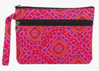 Bazaar : Printed Wristlet Pouch, Pink, Geometric Pattern, Dual Zipper Compartments