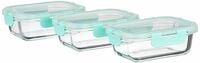 Amazon Brand - Solimo Multipurpose Glass Containers/Lunch Boxes for Office with Break-Free,Detachable Locks,Airtight,Leakproof,Microwave-Safe,Freezer-Safe,Set of 3,Rectangle(370 Ml Each),Transparent