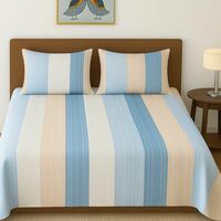 BSB HOME 100% Cotton Feel Double Bed Bedsheet Set | 144 TC Soft & Breathable | Ocean Blue and Skin Big Striped with 2 Pillow Covers | Wrinkle Free | for Bedroom (90 x 90 Inches)