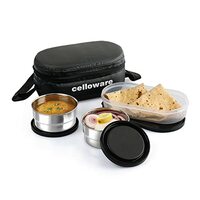 CELLO Double Treat Stainless Steel Lunch Box with Bag, Black | 2 x 300 ml Steel Containers, 1 x Oval Container | Food Grade, BPA Free, Rust & Leakproof, Airtight Snaplock Mini Tiffin Box for Office