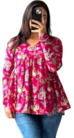 Bazaar : Women's Floral Print Tunic Top, Long Sleeve V-Neck Gathered Waist Casual Blouse