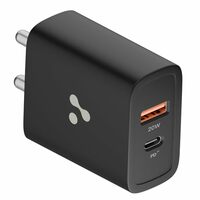Ambrane 20W Dual Port Wall Charger, USB & Type C Adapter Fast Charging for iPhone 16/15/14/13/12/11 (Pro,Pro Max,Plus), iPad, Google Pixel, Samsung & All Type C Devices BIS Certified (H11 Black)