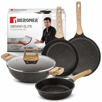 Bergner Sienna Elite 5 Pcs Granite Non-Stick Cookware Set - 24cm Kadai with Glass Lid, 24cm Frypan, 18cm Frypan, 28cm Tawa, Healthy Marble Coating, Less Oil Use, Cast Aluminium - Induction Bottom