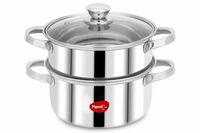 Pigeon By Stovekraft Steel X Steamer Stainless Steel Induction Base, Modak Maker/Momo Maker, Dual Compartment With Glass Lid, 4.6L Capacity, Silver, 4.6 litres