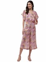 Zima Leto Women’s Pink Satin Co-Ord Set Floral Digital Printed V-Neck Loose Top with High Waist Pants Size S