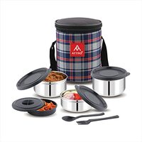 Attro Prime Stainless Steel Single Wall Lunch Box, Airtight & Leak Proof - 4 Containers with Bag, Fork & Spoon