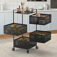 Amazon Brand - Solimo 360° Revolving Preassembled Portable 4 Layer Square Multipurpose Storage Kitchen Rack Carbon Steel Fruit Vegetable & Spice Trolley with Wheels for Kitchen Organizer(Matte, Black)