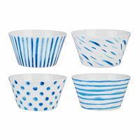 Amazon Brand - Solimo Ceramic Bowl, Set of 4 | Microwave & Dishwasher Safe| Bowls for Snacks, Fruits, Salad, Desserts | BPA & Lead-Free Bowls | 400ml, White & Blue (Serenity)