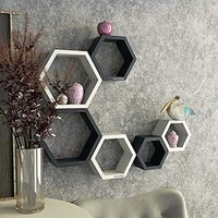 Furniture Cafe Hexagon Wall Shelf For Home Decor Wooden Shelves Showcase Furniture For Home Use For Inside The Roof Indoor As Well Outdoor Bedroom, Kitchen, Offices And More Places (Set of 6 | Color – Grey & White)